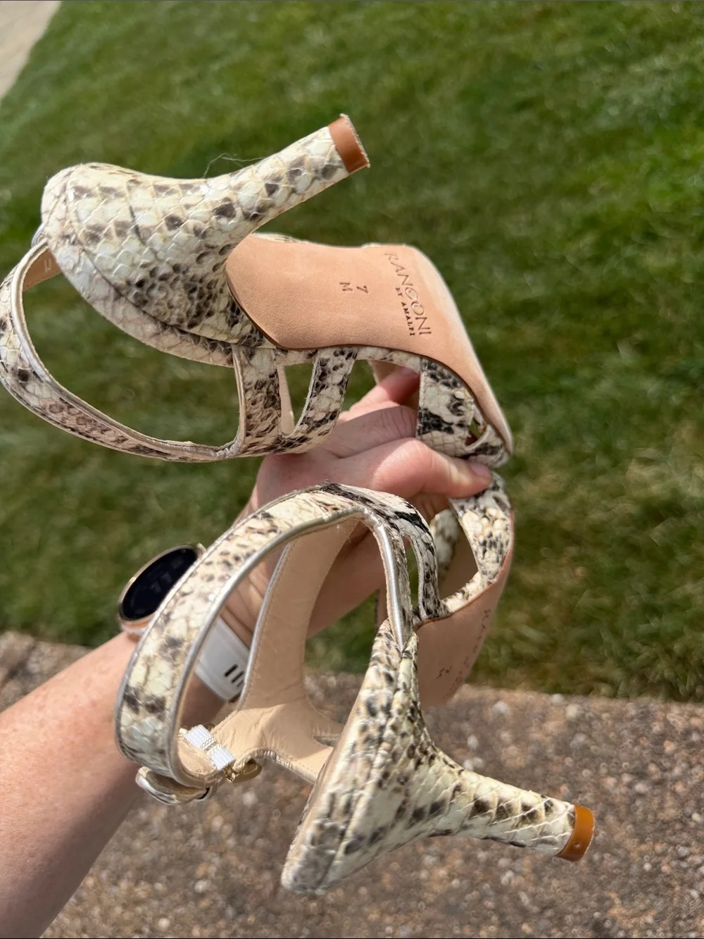 Rangoni Snake-Print Ankle Strap Heels in Beige and Cream